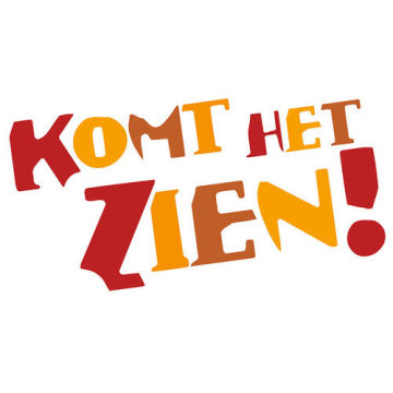 Tekst is geel en rood Komt het zien Logo