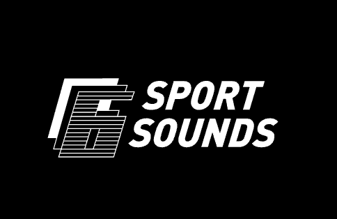 het woord sport sounds in wit met zwarte achtergrond
